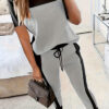 Women Casual Colorblock Short-Sleeved Round Neck T-Shirt and Lace-Up Pants Two-Piece Set