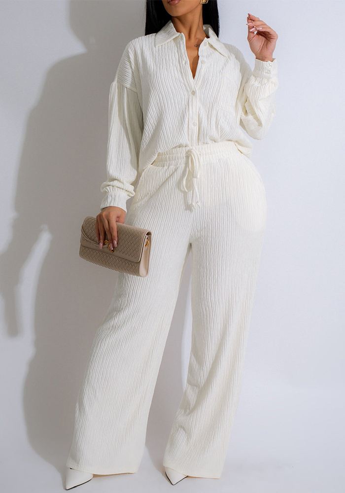 Women Casual Long Sleeve Pleated Shirt and Pants Two-piece Set