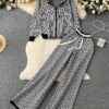 Women Casual Printed Long Sleeve Hooded Knitting Top + Wide Leg Pants Two-Piece Set