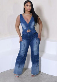 Women Casual Retro Vest and Multi-Pocket Wide Leg Pants Two-piece Set