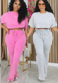 Women Casual Round Neck Top Lace-Up Pant Two-piece Set