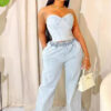 Women casual stretchy denim sleeveless top and pant two-piece suit