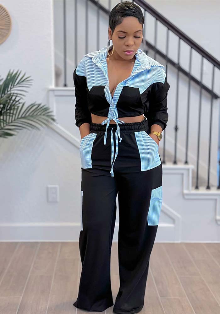 Women Casual striped color-blocked long-sleeved shirt and trousers two-piece set