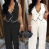 Women casual v-neck button top and trousers two-piece suit
