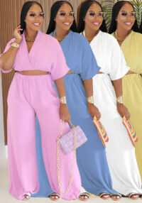 Women Casual V-Neck Crossover Top and Wide-Leg Pants Two-Piece Set