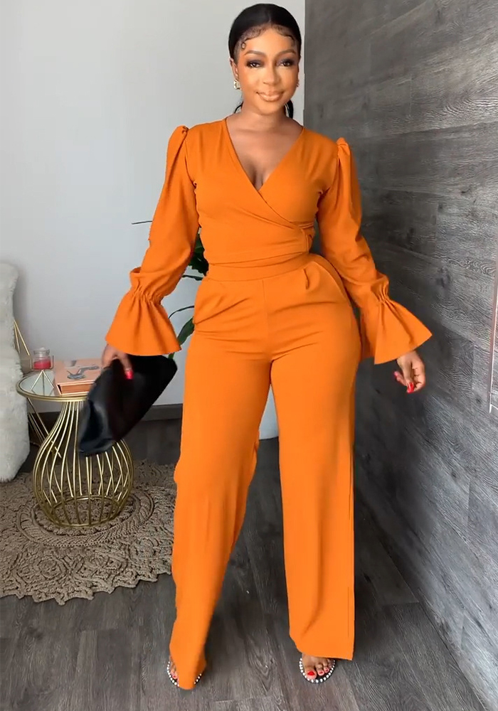 Women Casual V-Neck Lace-Up Bell Bottom Long Sleeve Solid Top and Pants Two-Piece Set