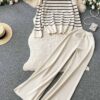 Women Casual V Neck Striped Knitting Top and Pants Two-piece Set