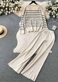 Women Casual V Neck Striped Knitting Top and Pants Two-piece Set
