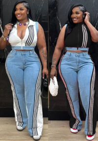 Women casual webbing patchwork top and denim wide-leg pants two-piece set