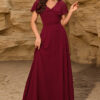 Women Chiffon V-Neck Bow Shawl Zipper Back Evening Dress