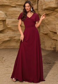 Women Chiffon V-Neck Bow Shawl Zipper Back Evening Dress