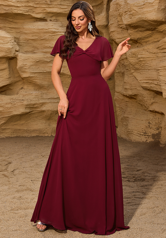 Women Chiffon V-Neck Bow Shawl Zipper Back Evening Dress