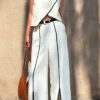 Women contrast color cross round neck sleeveless top Slit trousers two-piece set