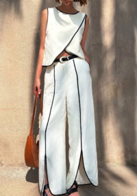 Women contrast color cross round neck sleeveless top Slit trousers two-piece set