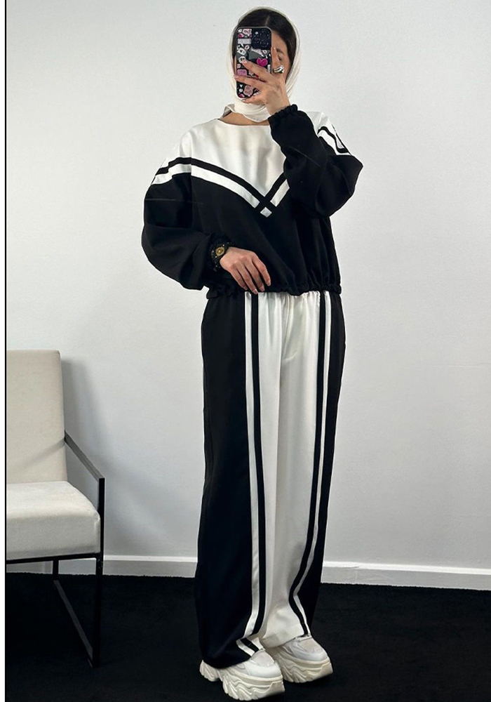 Women Contrast Color twill Casual Top and Pants Two-piece Set