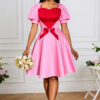 Women Contrast Heart Print Bow Puff Sleeve Party Dinner Dress