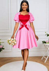 Women Contrast Heart Print Bow Puff Sleeve Party Dinner Dress