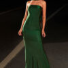 Women Dark Green Strapless Off-Shoulder Halter Neck Lace-Up Fishtail Evening Dress