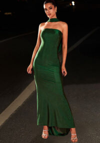 Women Dark Green Strapless Off-Shoulder Halter Neck Lace-Up Fishtail Evening Dress