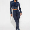 Women Denim Patchwork Ribbed Sretchy Long Sleeve Top and Pant Two-Piece Set