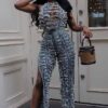Women Denim trend Style worn Top and slit Pants two-piece set