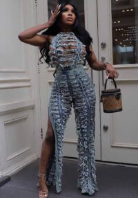 Women Denim trend Style worn Top and slit Pants two-piece set
