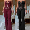 Women elegant elastic metal buckle decorated V-neck Top and Pants two-piece set
