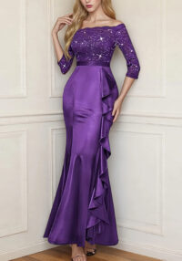 Women Elegant Floral Lace Pleated Slit Maxi Dress