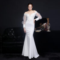 Women Elegant Lace Off Shoulder Mesh Long Sleeve Trail Evening Dress