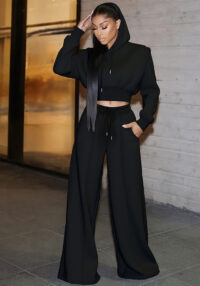 Women Elegant Long-Sleeved Hooded Crop Top and Pants Two-Piece Set