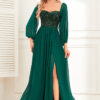 Women Elegant Off Shoulder Slit Lace Up Sequin Patchwork Chiffon Long Sleeve Evening Dress