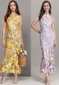 Women Evening Party Dress with Floral Embroidery and Fishtail Maxi Dress