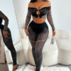 Women Fall Long Sleeve Crop Top Sexy Hollow Pants Two-Piece Set