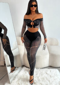 Women Fall Long Sleeve Crop Top Sexy Hollow Pants Two-Piece Set