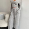 Women Fall Long-Sleeved Buttoned Solid Top and Pants Two-Piece Set
