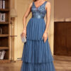 Women Fall Mesh Cascading Ruffles Sleeveless V-Neck Evening Dress