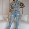 Women Fall Retro Patchwork Camouflage Print Top and Denim Pants Two Piece Set
