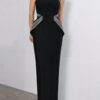 Women Fall Strapless Off-Shoulder Beaded Black French Dress