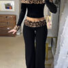 Women Fall/Winter Fuzzy Leopard Print Off-The-Shoulder Long-Sleeved Patchwork Casual Pants Two-Piece Set