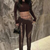 Women Fall/Winter Long-Sleeved Sexy Cutout Lace-Up Pants Two-Piece Set