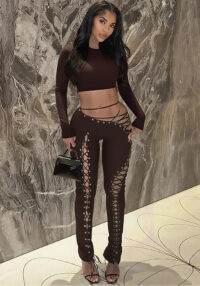 Women Fall/Winter Long-Sleeved Sexy Cutout Lace-Up Pants Two-Piece Set