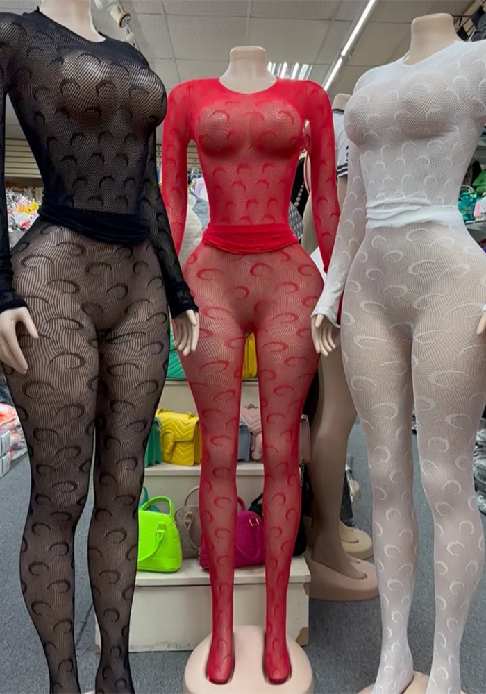 Women Fishnet Long-Sleeved Mesh See-Through Cutout Jumpsuit