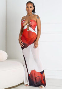 Women Floral Print Shell Chain Halter Neck Cutout Backless Mesh Dress