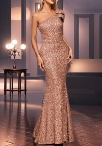 Women Formal Party One-Shoulder Gold Sequined Fishtail Evening Dress