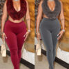 Women Furry Halter Neck Backless Lace-Up Top and Two-Piece Pants Set