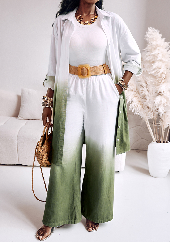 Women gradient printed long-sleeved shirt and wide-leg pants two-piece set - beltless