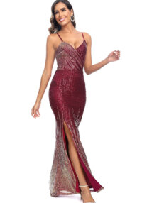 Women Gradient Sequined Strapless Sexy Backless Slit Dress
