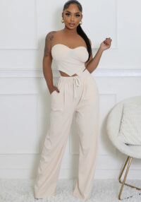 Women heart-shaped Strapless Top and Casual trousers two-piece set