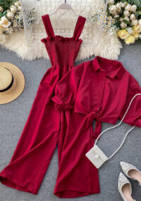 Women Holidays Stand Collar Short Sleeve Shirt and Suspender pleated wide-leg jumpsuit two-piece set