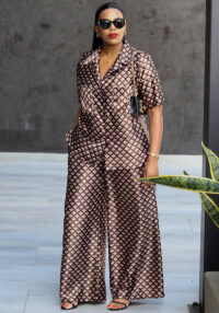 Women houndstooth short-sleeved turndown collar shirt and two-piece pants set